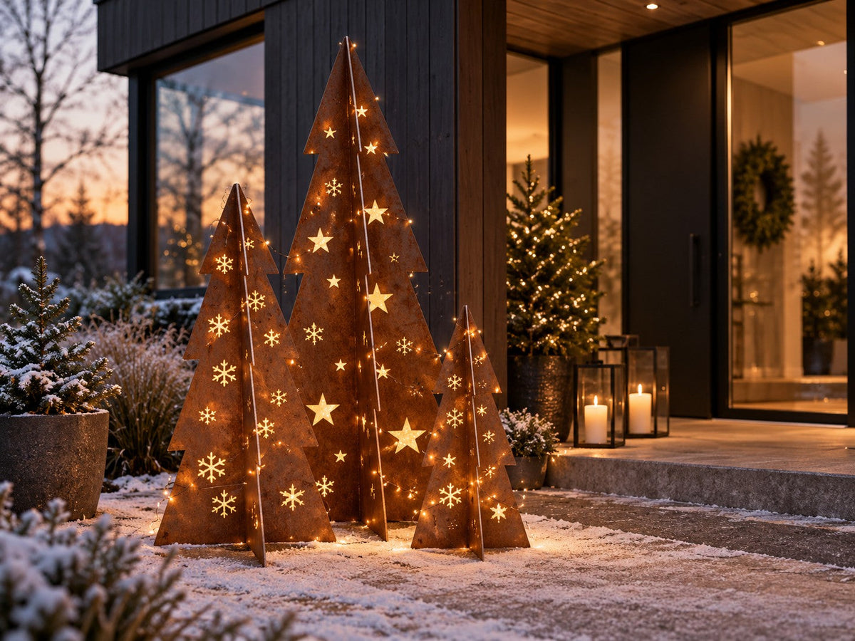 Juletre i cortenstål – med stjerner og snøfnugg (80 / 120 / 180 cm)