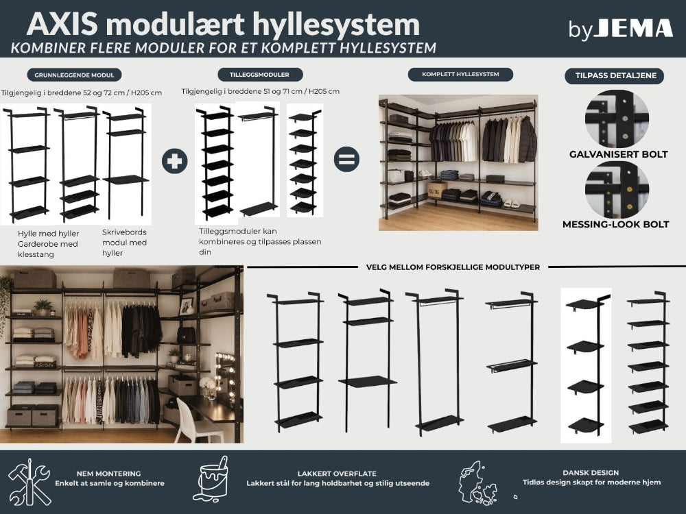 AXIS modulært hyllesystem i svartlakkert stål med hyller, garderobemoduler, klesstenger og tilleggsmoduler kombinert til en fleksibel oppbevaringsløsning for garderober, soverom og walk-in-garderober.