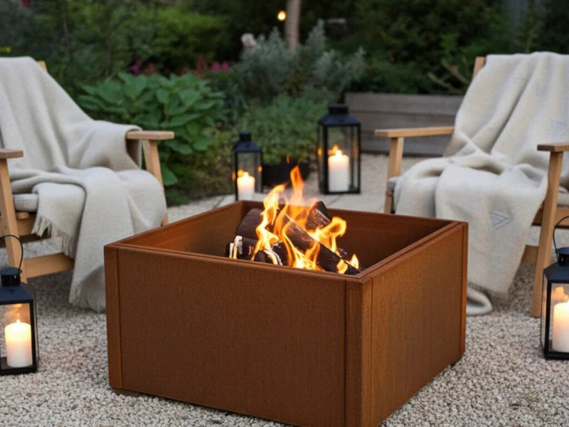 Bålfat i cortenstål i utendørs loungeområde