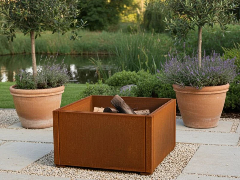 Bålfat i cortenstål på terrasse