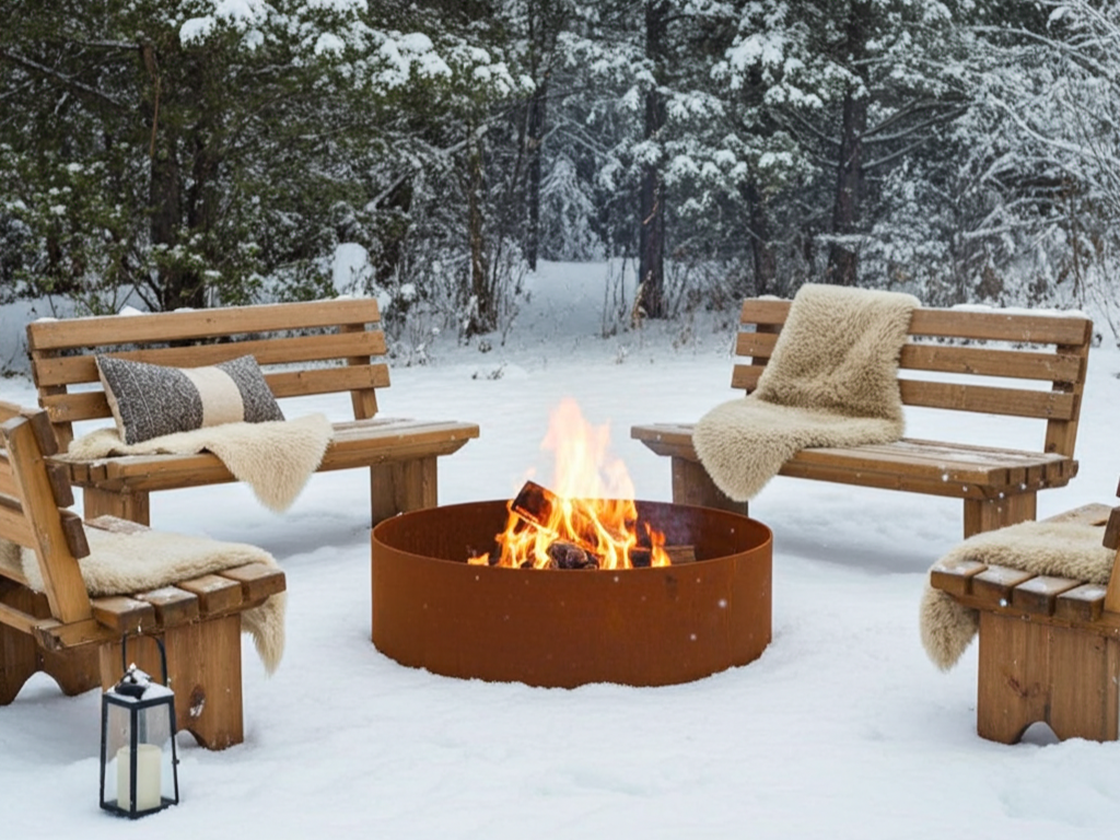 Baalplass i cortenstaal omgitt av hagebenker i tre, plassert i snoedekt vinterhage med levende flammer