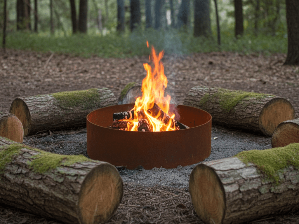 Stemningsbilde av bålplass i cortenstål i skogen