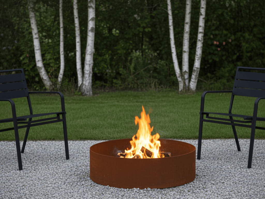 Bålplass i cortenstål plassert på grus, med hagemøbler og flammer i grønt hagemiljø