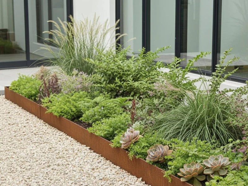 Bedkant i cortenstål med stauder og prydgress i blomsterbed
