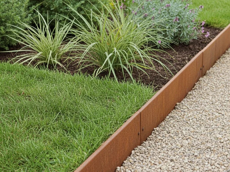 Bedkant i cortenstål med stauder langs grussti