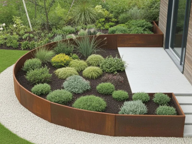 Buet støttemur i cortenstål rundt plantebed ved terrasse