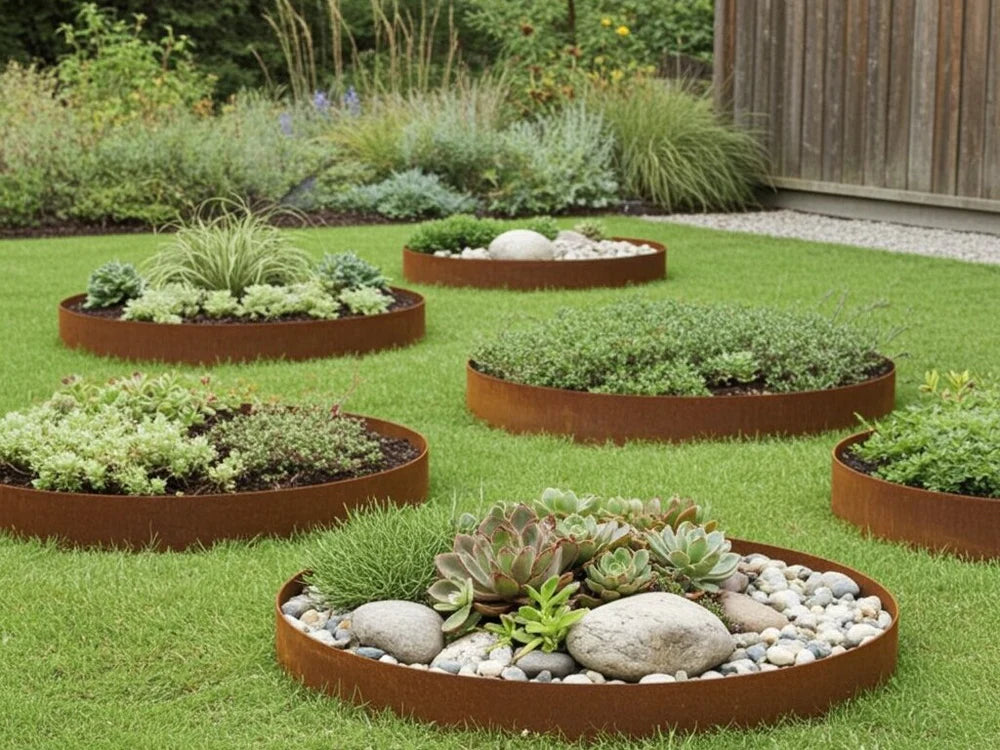 Bedkanter i cortenstål fra byJEMA på spesialmål til moderne plantebed i hagen