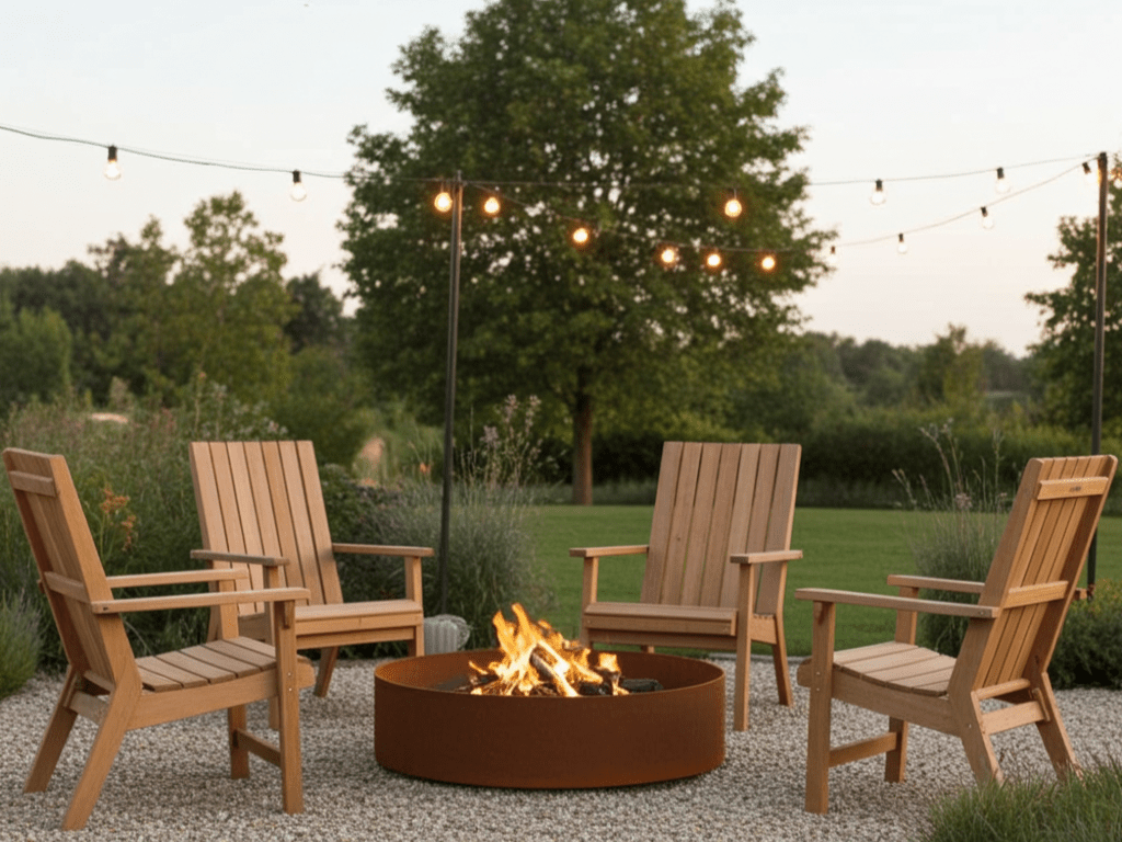 Bålfat i cortenstål plassert i hage med sittegruppe og stemningslys.
