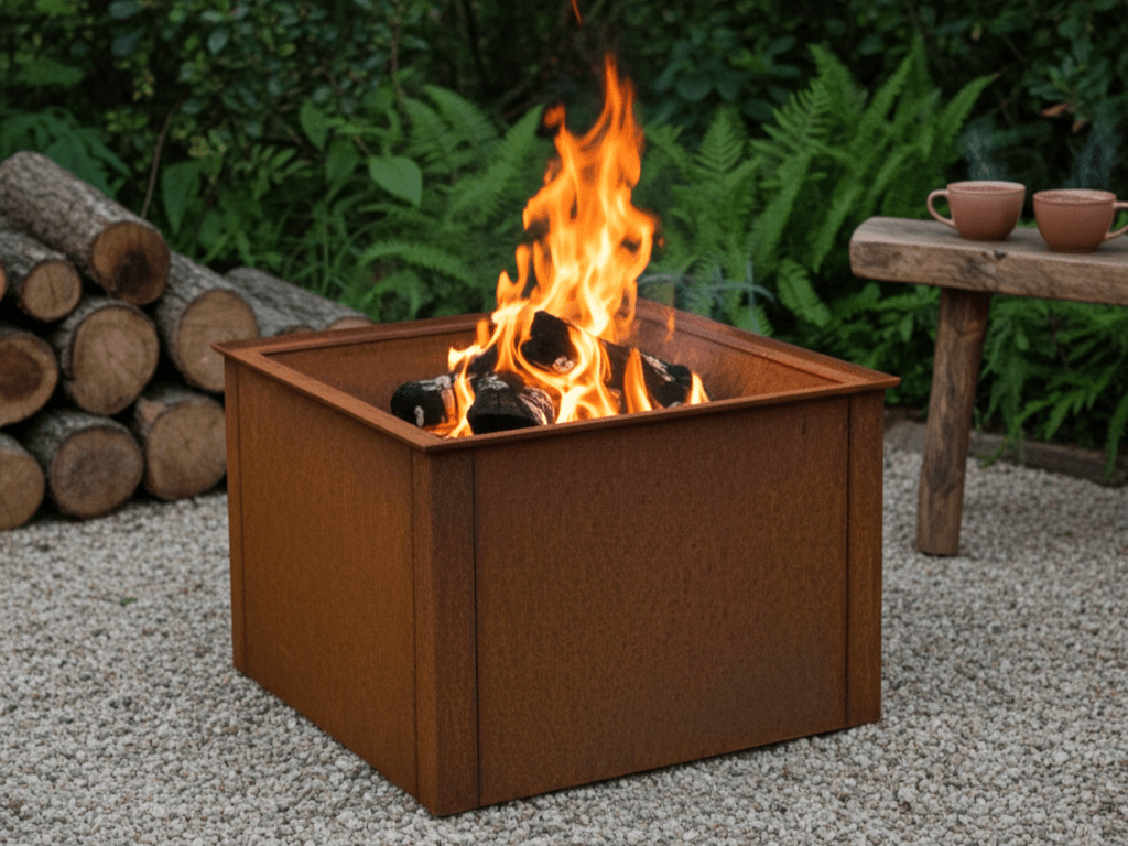 Firkantet CUBY bålfat i cortenstål plassert i hage med vedstabel og grønt miljø.