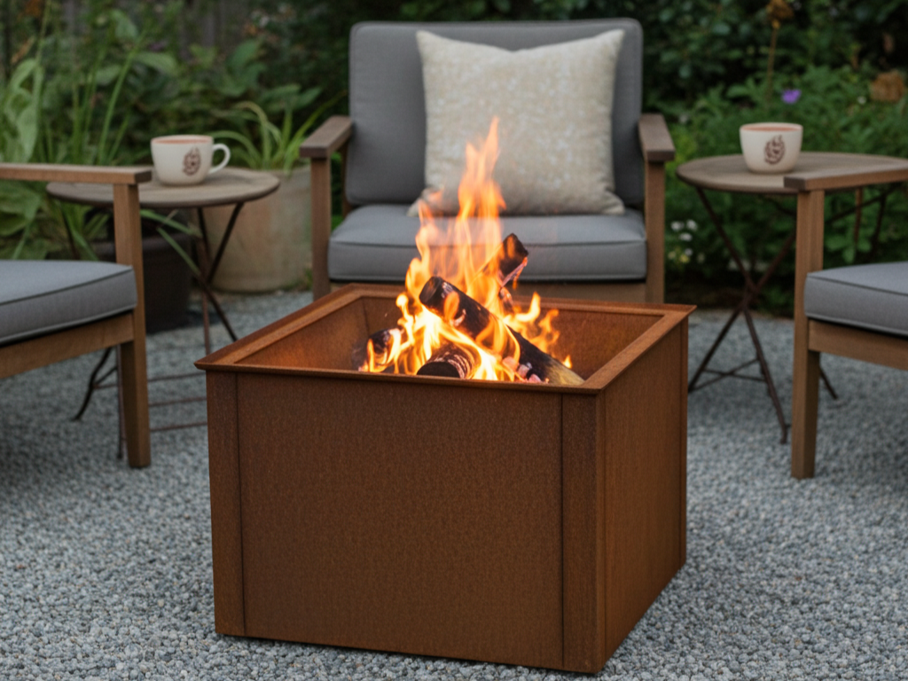 Firkantet CUBY bålfat i cortenstål brukt i terrasse og loungeområde.