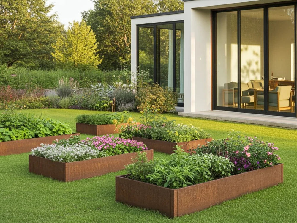 byJEMA CUBY høybed i cortenstål med blomster og stauder i hage