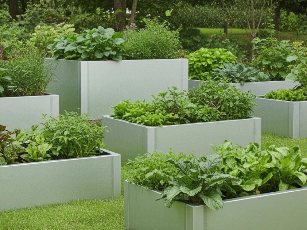 byJEMA CUBY høybed i galvanisert stål med grønnsaker og urter i kjøkkenhage