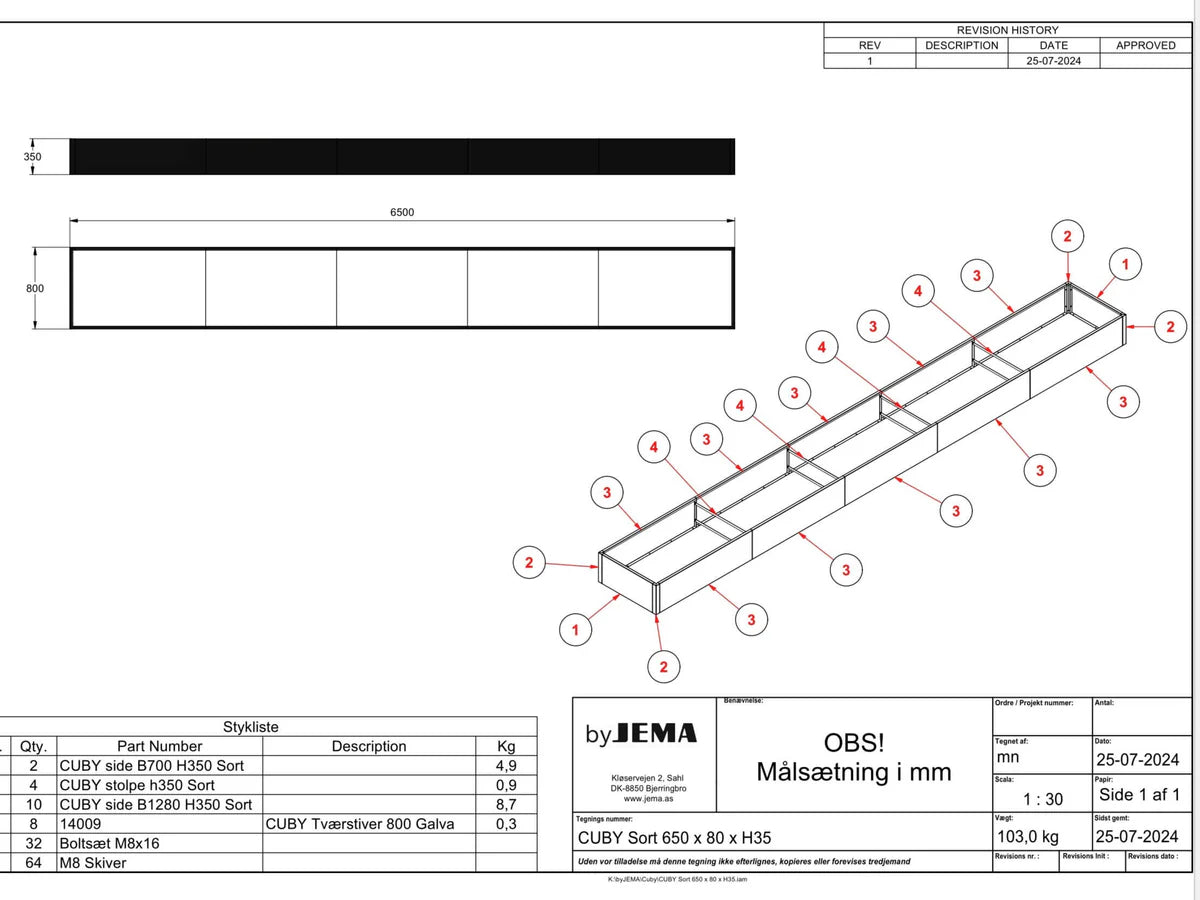 Teknisk tegning av byJEMA CUBY høybed i svartlakkert stål laget på spesialmål