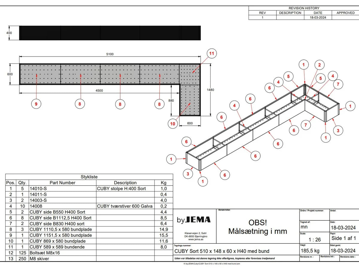 Teknisk tegning av L-formet byJEMA CUBY høybed i svartlakkert stål på spesialmål
