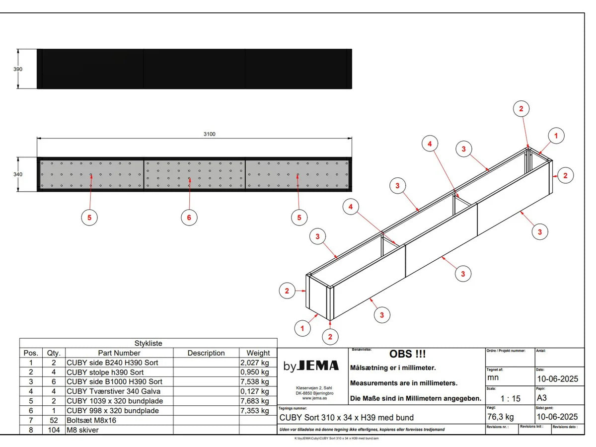 Teknisk konstruksjon av byJEMA CUBY plantekasse i svartlakkert stål på spesialmål