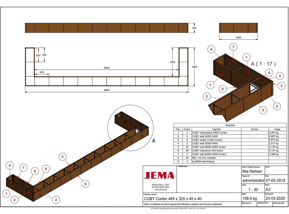 Teknisk tegning av L-formet byJEMA plantekasse i cortenstål med moduloppbygget design