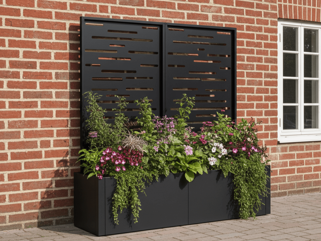 Sortlakkert plantekasse i stål med spalier, plassert mot murfasade med blomster og planter.