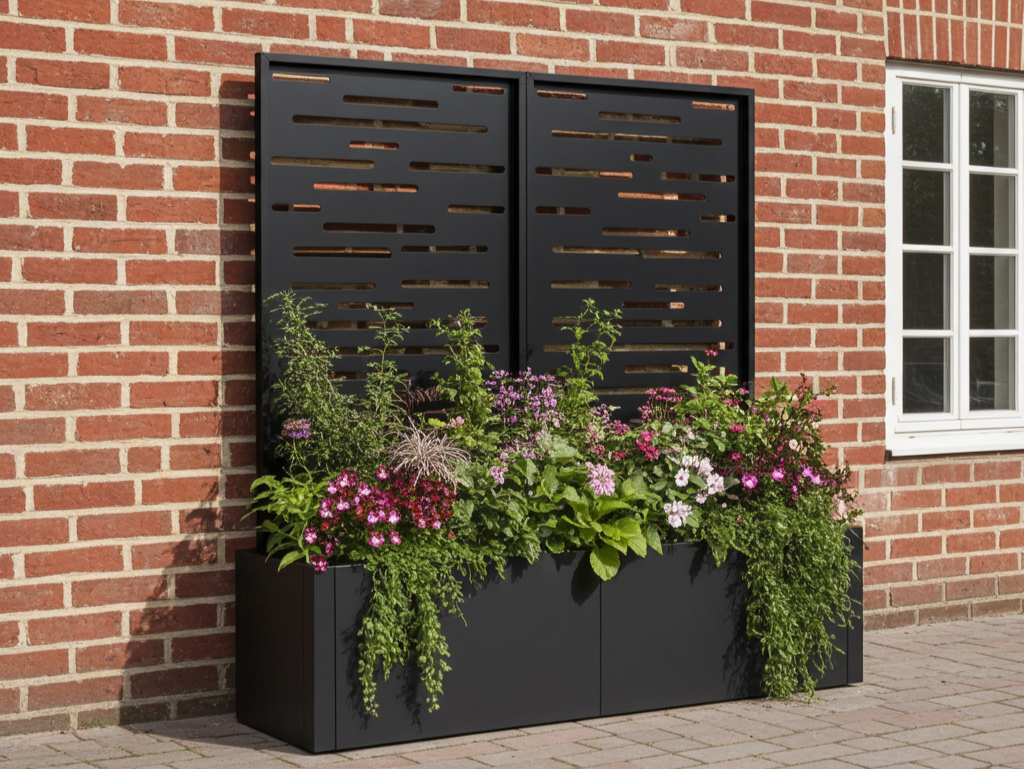 Sortlakkert plantekasse i stål med spalier, plassert mot murfasade med blomster og planter.