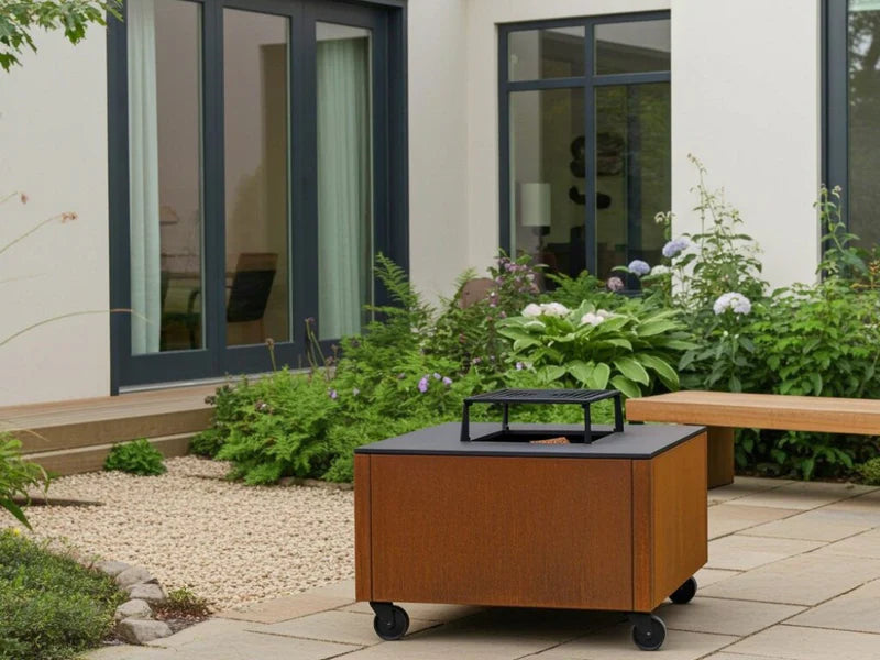 CUBY bålgrill i cortenstål i grønn gårdshage med planter og benk