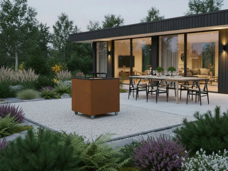 CUBY bålgrill i cortenstål i moderne hage med arkitektur