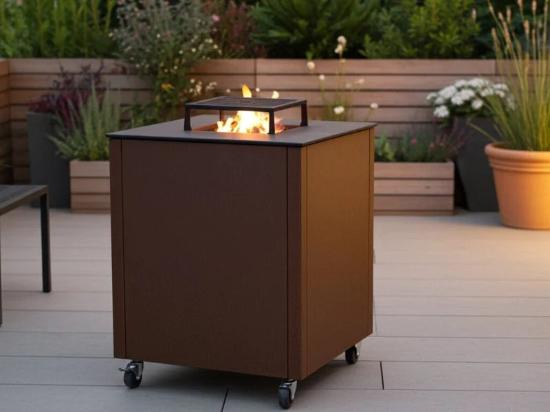 CUBY bålgrill i cortenstål på moderne terrasse med synlige flammer