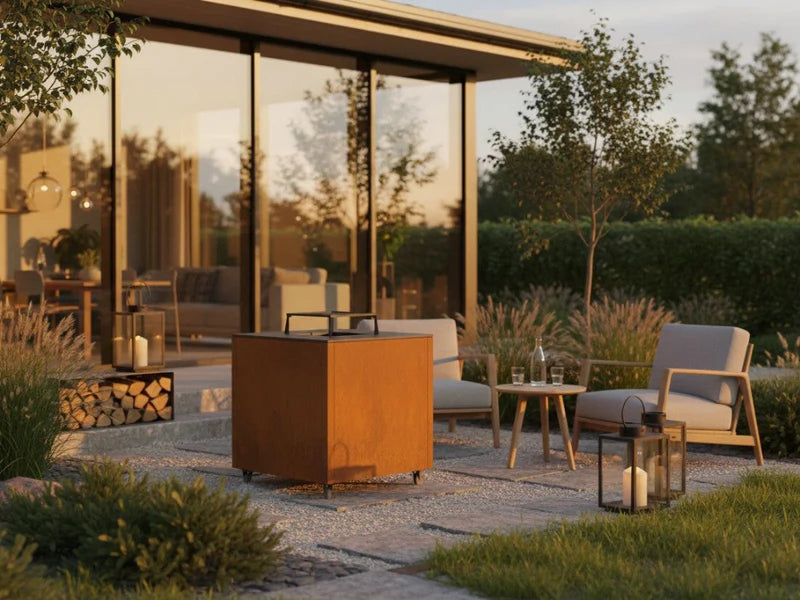 CUBY bålgrill i cortenstål på terrasse med lounge og lys