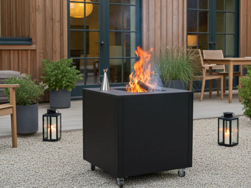 CUBY bålgrill i svartlakkert stål med flammer foran moderne trehus
