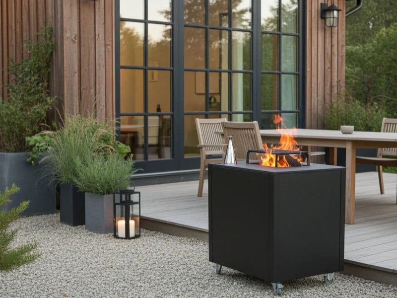 CUBY bålgrill i svartlakkert stål på terrasse med lanterner og lun kveld
