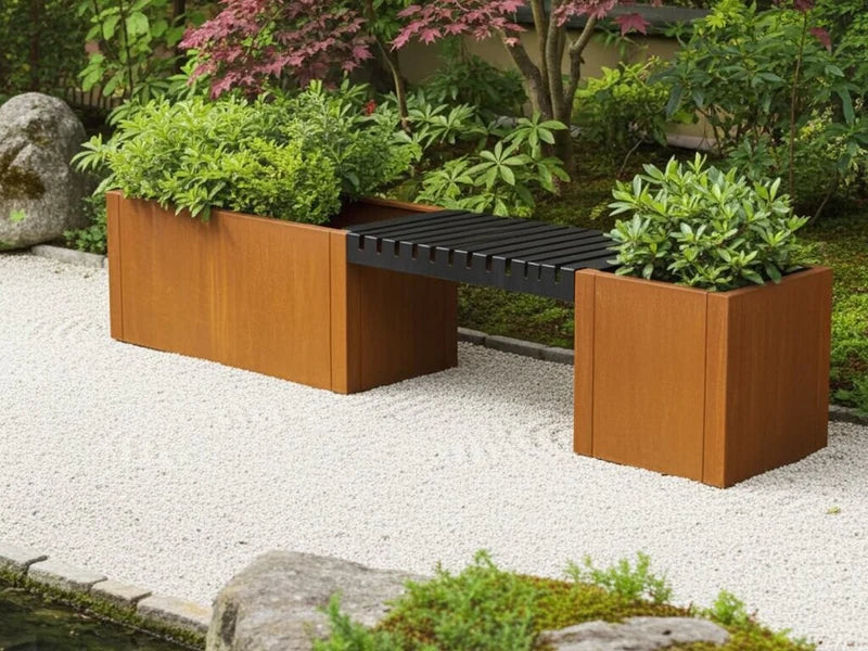 CUBY lite benkesett i cortenstål med plantekasser