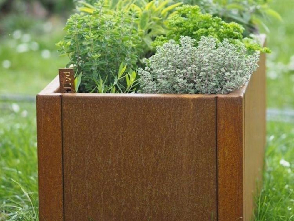 Detaljbilde av plantekasse i cortenstål fra CUBY med urter