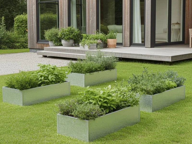 Flere plantekasser i galvanisert stål fra CUBY plassert på gressplen