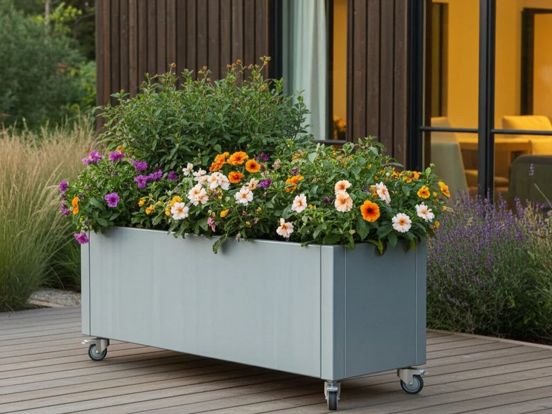 Mobil plantekasse i galvanisert stål fra CUBY med sommerblomster