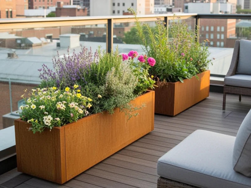 CUBY plantekasse i cortenstål med blomster på balkong