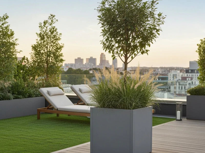 CUBY høy kvadratisk plantekasse i galvanisert stål med prydgress på takterrasse