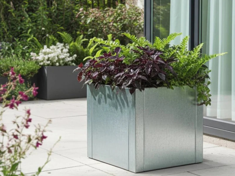 CUBY plantekasse i galvanisert stål med mørk beplantning på terrasse