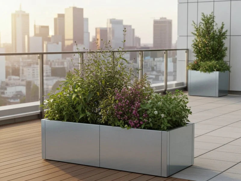 CUBY plantekasse i galvanisert stål med blomster på takterrasse i bymiljø