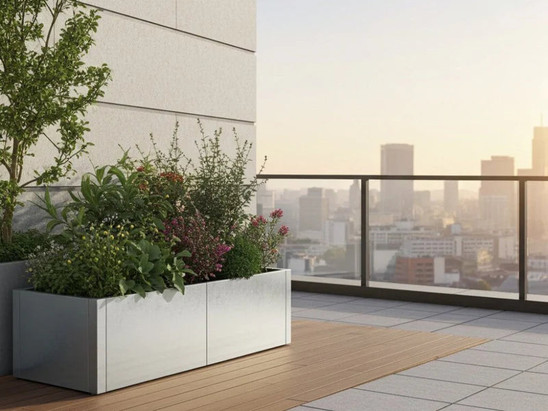 CUBY plantekasse i galvanisert stål med variert beplantning på urban terrasse