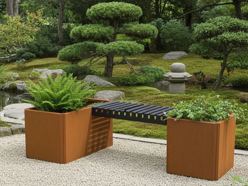 EDGY lite benkesett i cortenstål med plantekasser