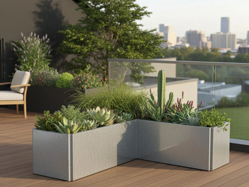 EDGY lav hjørne plantekasse i galvanisert stål på takterrasse