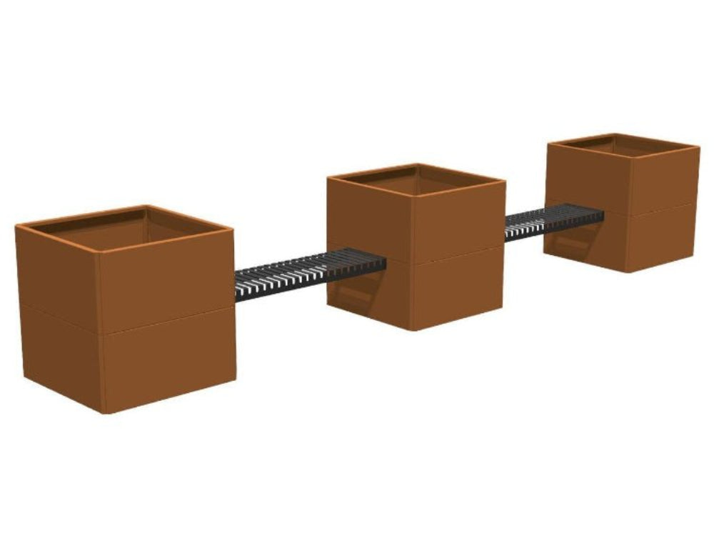 Tre EDGY plantekasser i cortenstål forbundet med to benkemoduler