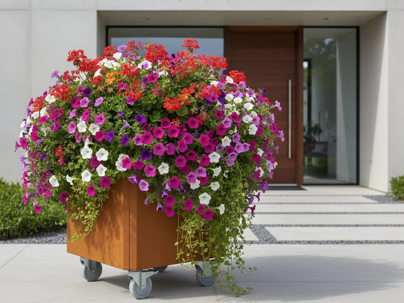 Plantekasse i cortenstål med hjul og fargerike blomster foran bolig