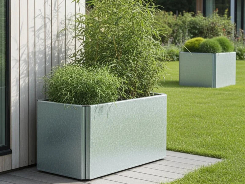 Lav EDGY plantekasse i galvanisert stål som innramming av terrasse