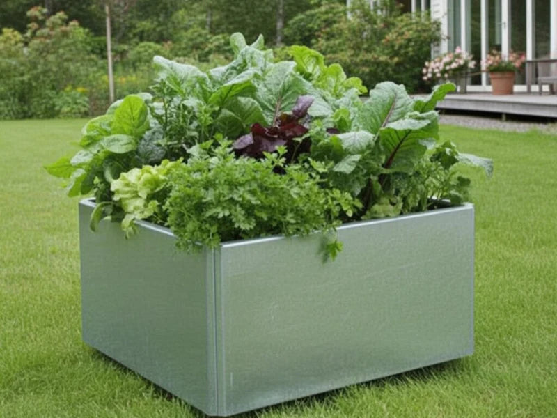 EDGY lav kvadratisk plantekasse i galvanisert stål i hage