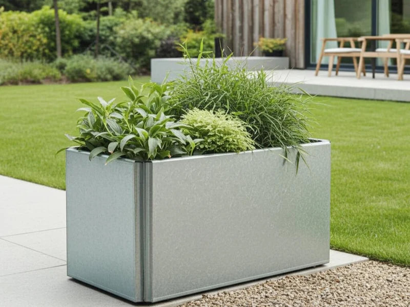 EDGY plantekasse i galvanisert stål som overgang mellom terrasse og plen