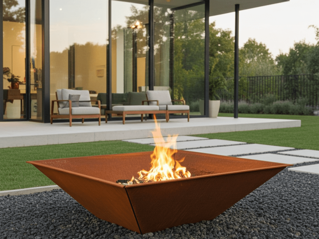 Firkantet bålplass i cortenstål plassert i moderne hage foran terrasse med sittemøbler