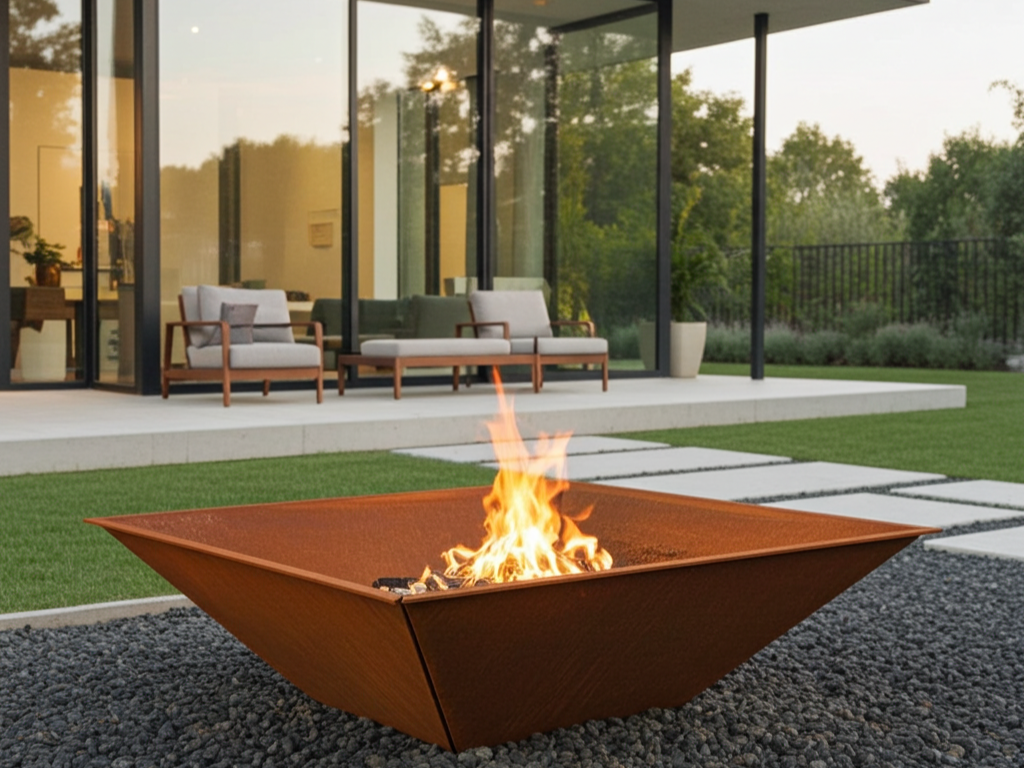Firkantet bålplass i cortenstål plassert i moderne hage foran terrasse med sittemøbler