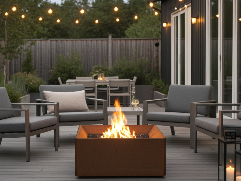 Stemningsbilde av bålplass i cortenstål på moderne terrasse