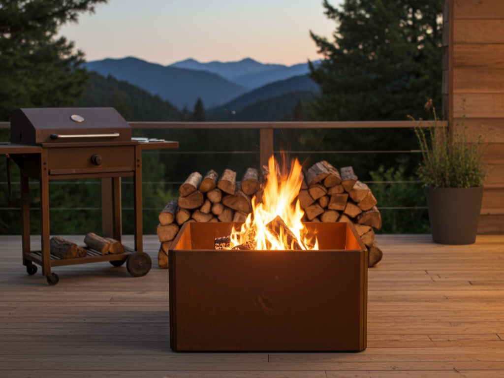 Firkantet bålplass i cortenstål med ved og flammer, plassert på terrasse med utsikt mot fjell
