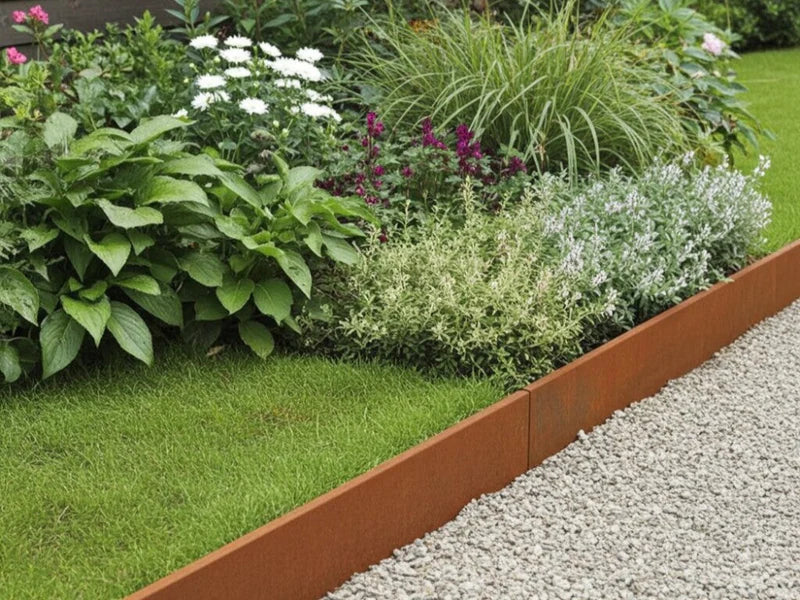 Gresskant i cortenstål mellom plen og blomsterbed