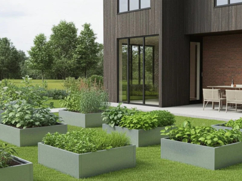 Høybed i galvanisert stål med planter i moderne hage ved husfasade